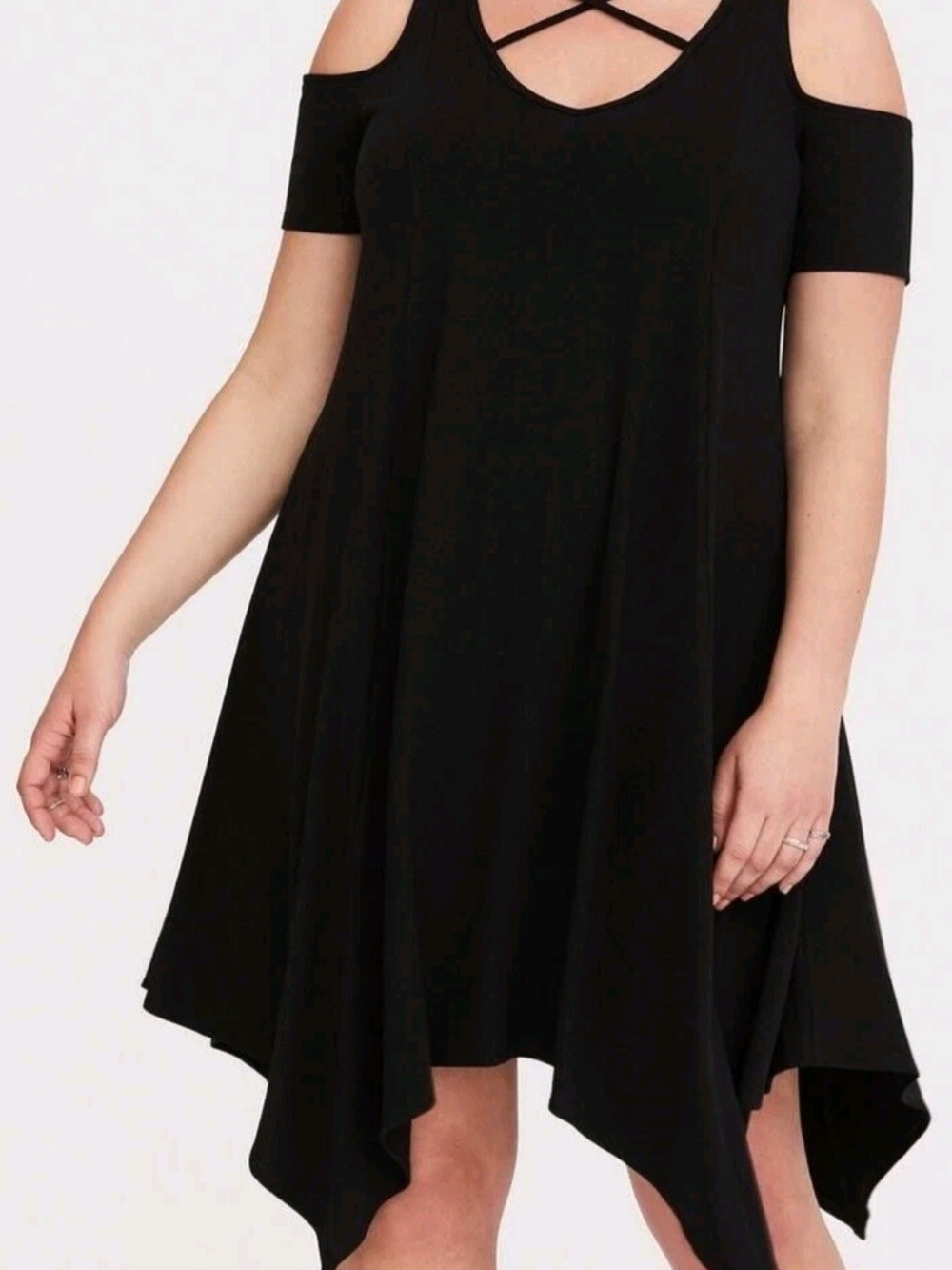 torrid Black Asymmetrical Cold-Shoulder Dress with Crisscross Neckline 00
